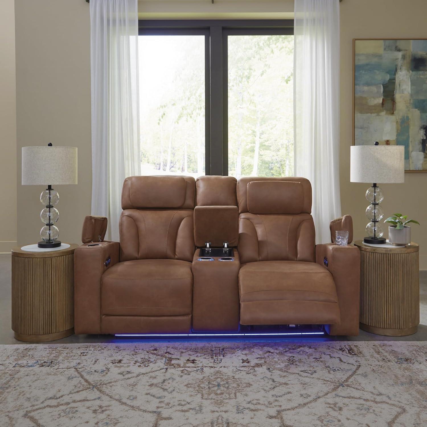 imageSignature Design by Ashley Healy Pier Modern Power Reclining Sofa with Adjustable Headrest and Storage Dark BrownCaramel
