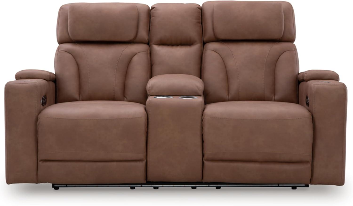 imageSignature Design by Ashley Healy Pier Modern Power Reclining Sofa with Adjustable Headrest and Storage Dark BrownCaramel