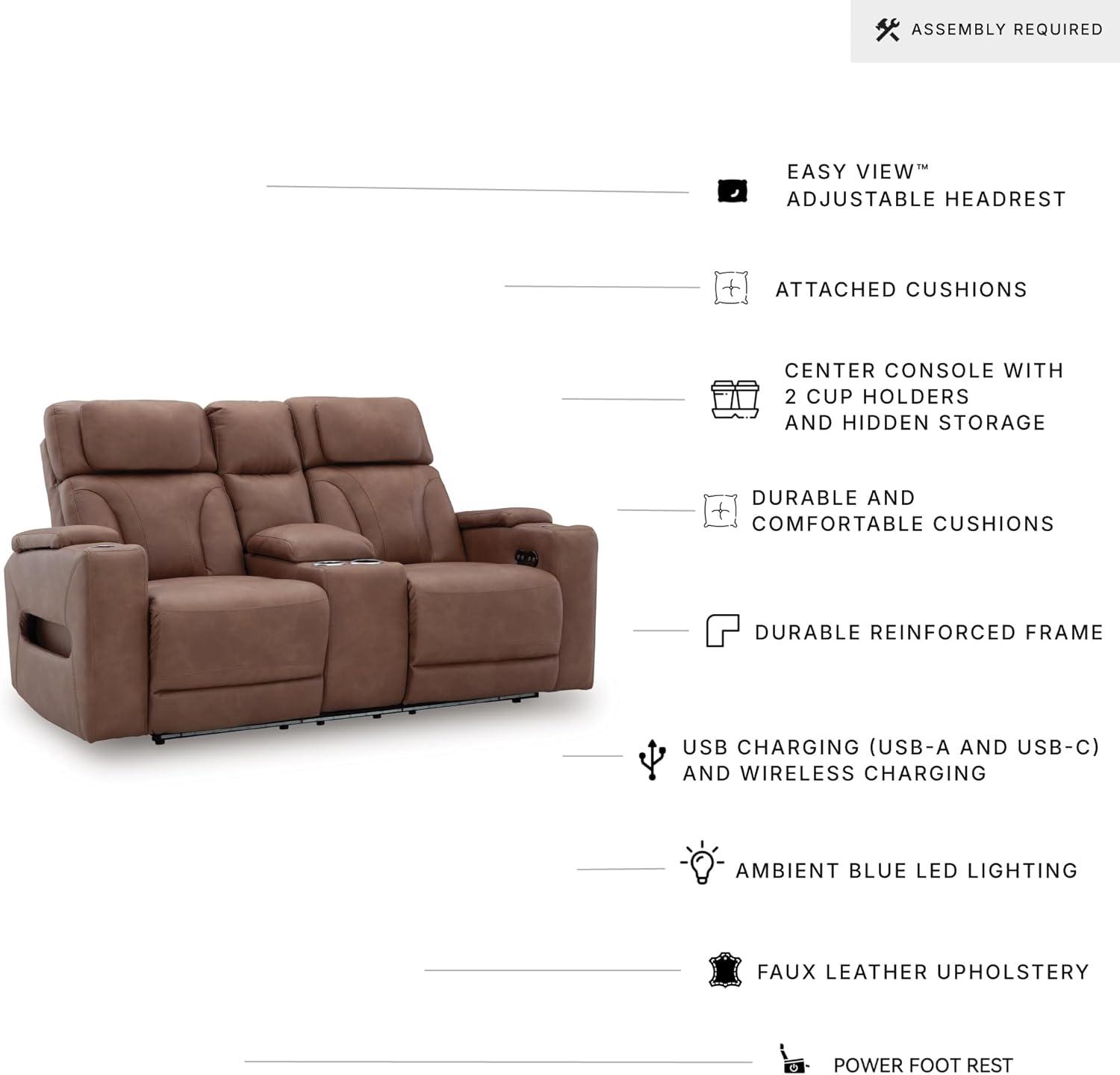 imageSignature Design by Ashley Healy Pier Modern Power Reclining Sofa with Adjustable Headrest and Storage Dark BrownCaramel