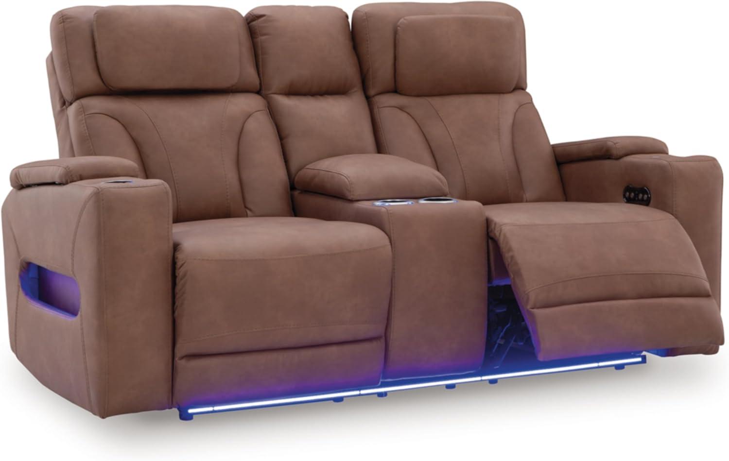 imageSignature Design by Ashley Healy Pier Modern Power Reclining Sofa with Adjustable Headrest and Storage Dark BrownCaramel