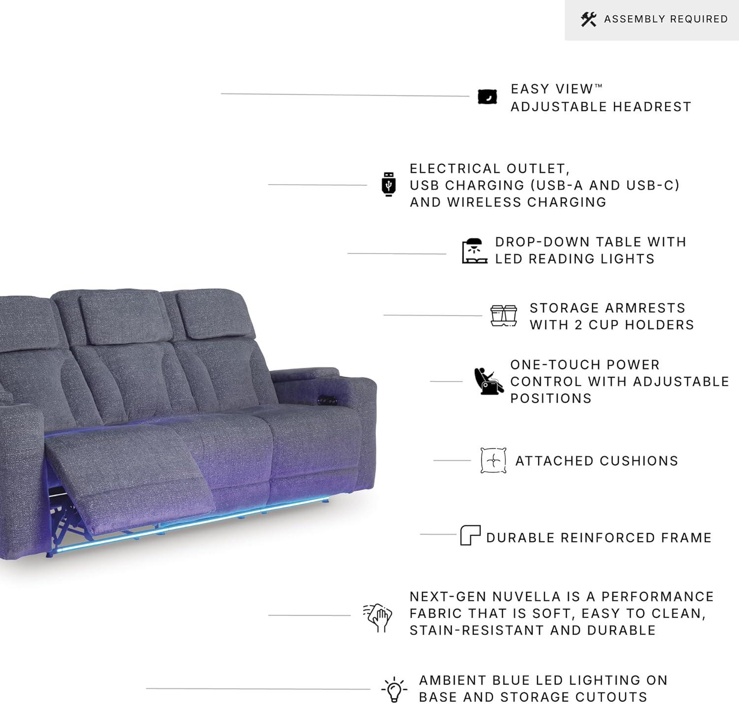 imageSignature Design by Ashley Healy Pier Modern Power Reclining Sofa with Adjustable Headrest and Storage Dark BrownSteel