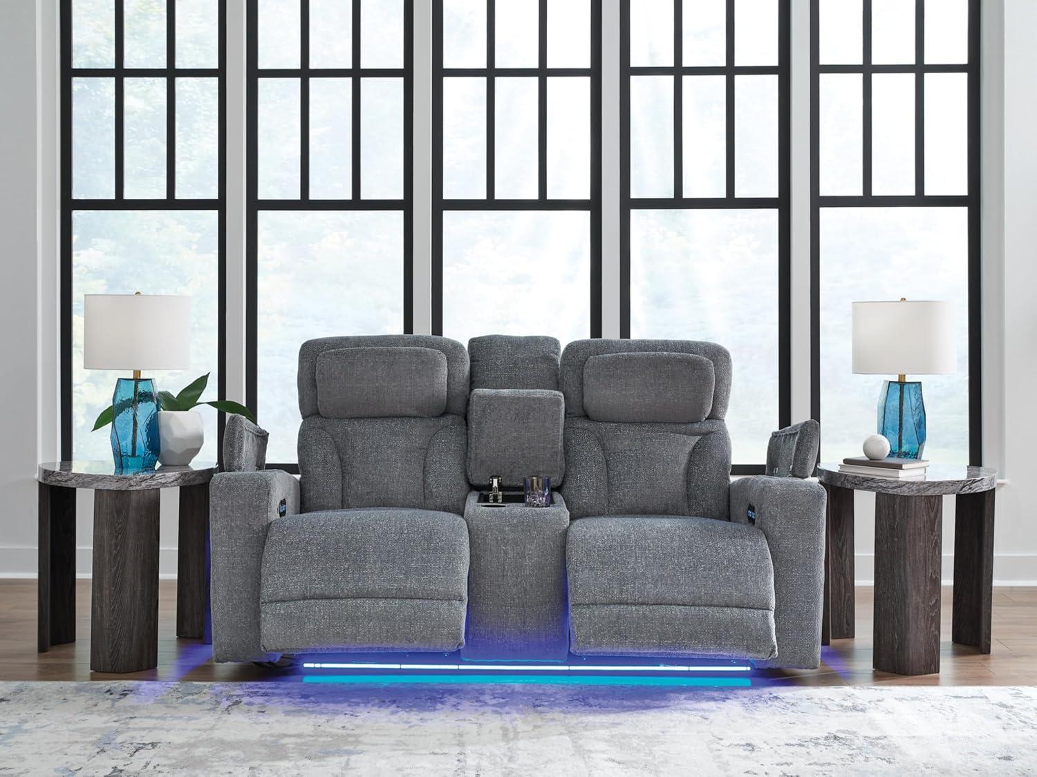 imageSignature Design by Ashley Healy Pier Modern Power Reclining Sofa with Adjustable Headrest and Storage Dark BrownSteel