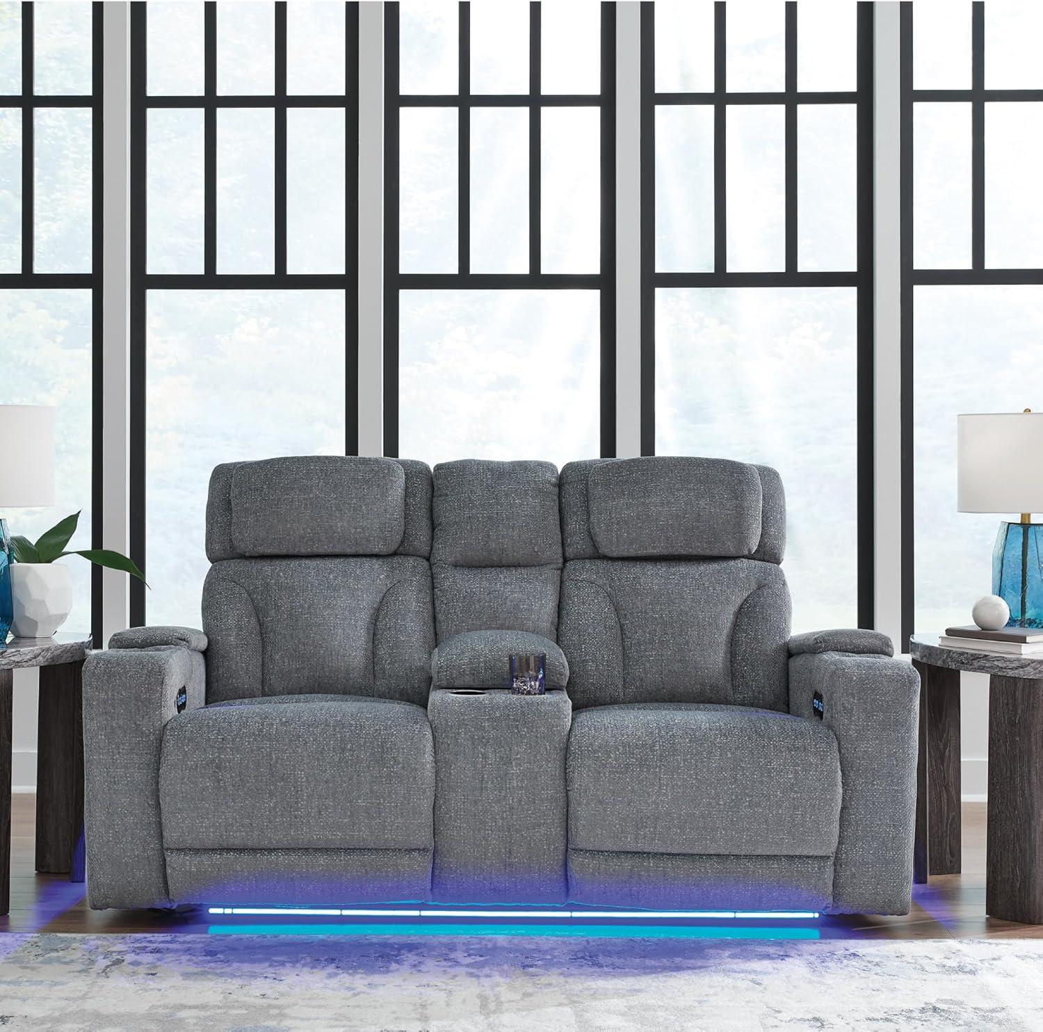 imageSignature Design by Ashley Healy Pier Modern Power Reclining Sofa with Adjustable Headrest and Storage Dark BrownSteel