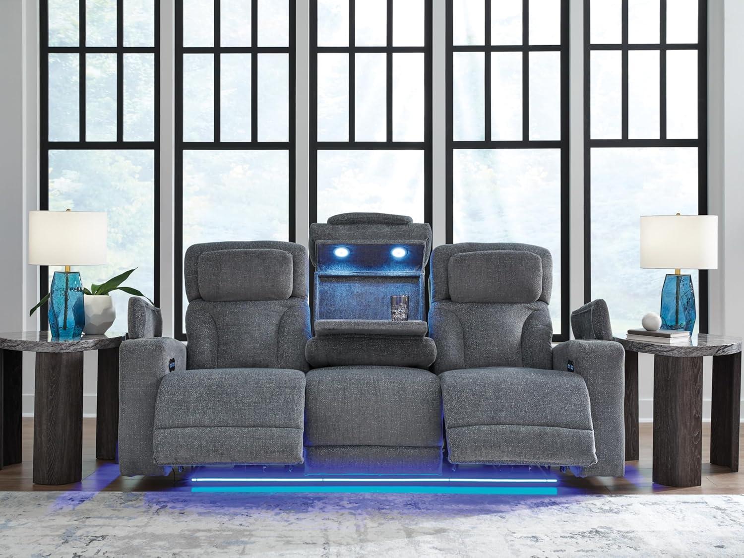 imageSignature Design by Ashley Healy Pier Modern Power Reclining Sofa with Adjustable Headrest and Storage Dark BrownSteel