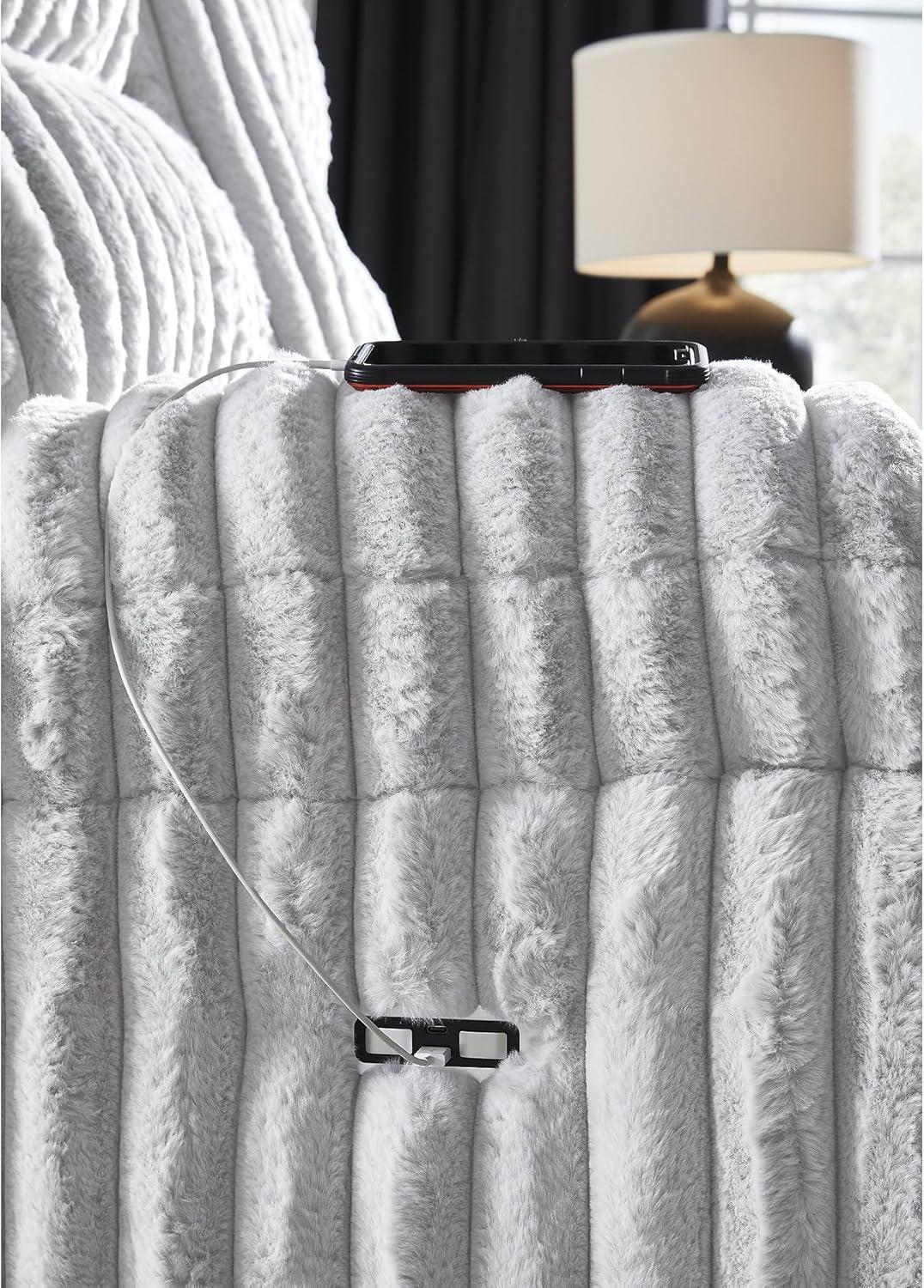 imageSignature Design by Ashley Higgesbee Modern Power Recliner with USB Port and PillowTop Armrest Light GrayLight Gray