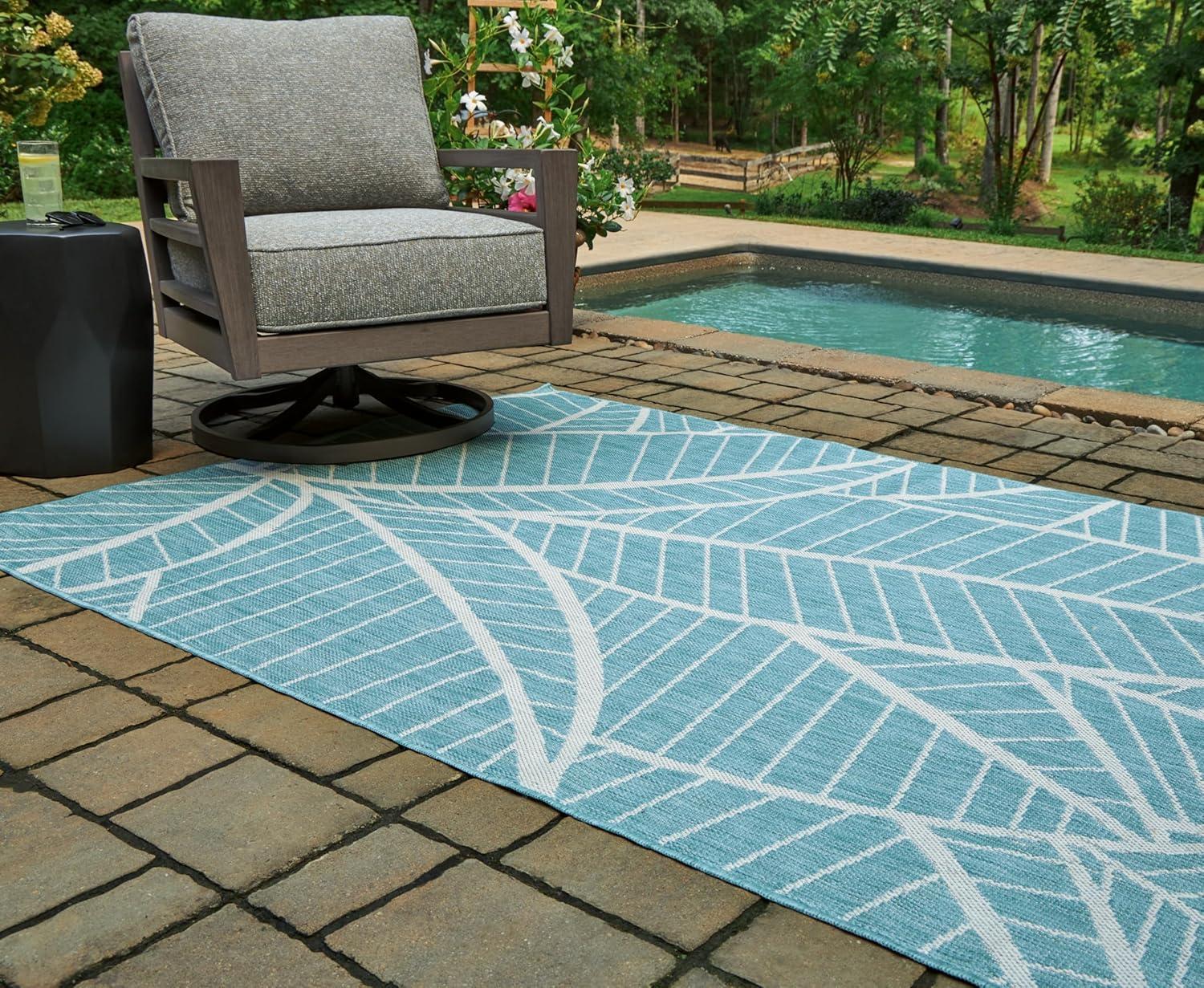 imageSignature Design by Ashley Hulsia Coastal IndoorOutdoor Botanical 5 x 7 Rug with Non Slip Backing Light Blue ampamp White