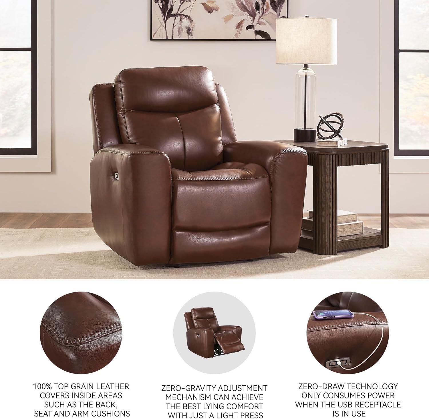 imageSignature Design by Ashley Mighty Moves Contemporary Leather Match Power Recliner with USB Ports Dark Brown