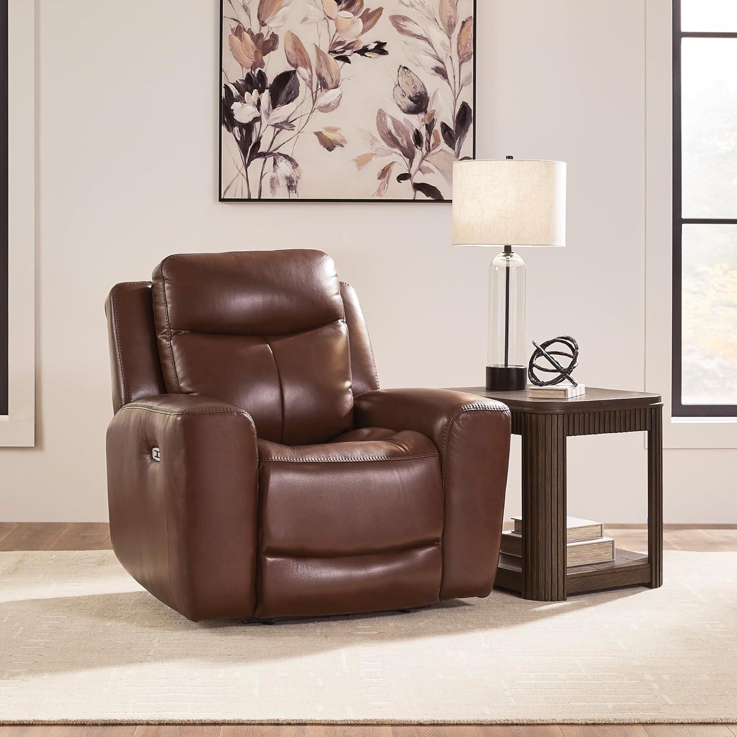 imageSignature Design by Ashley Mighty Moves Contemporary Leather Match Power Recliner with USB Ports Dark Brown
