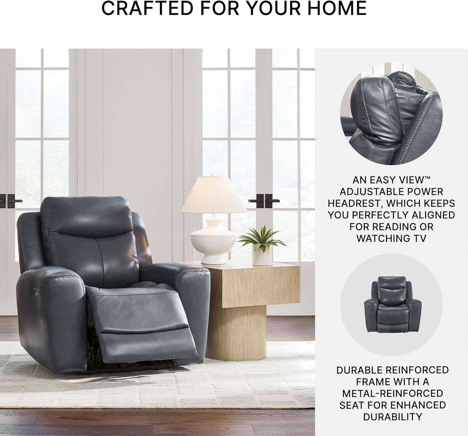 imageSignature Design by Ashley Mighty Moves Urban Leather Match Power Recliner Adjustable Headrest USB Charging Port and Storage Blue