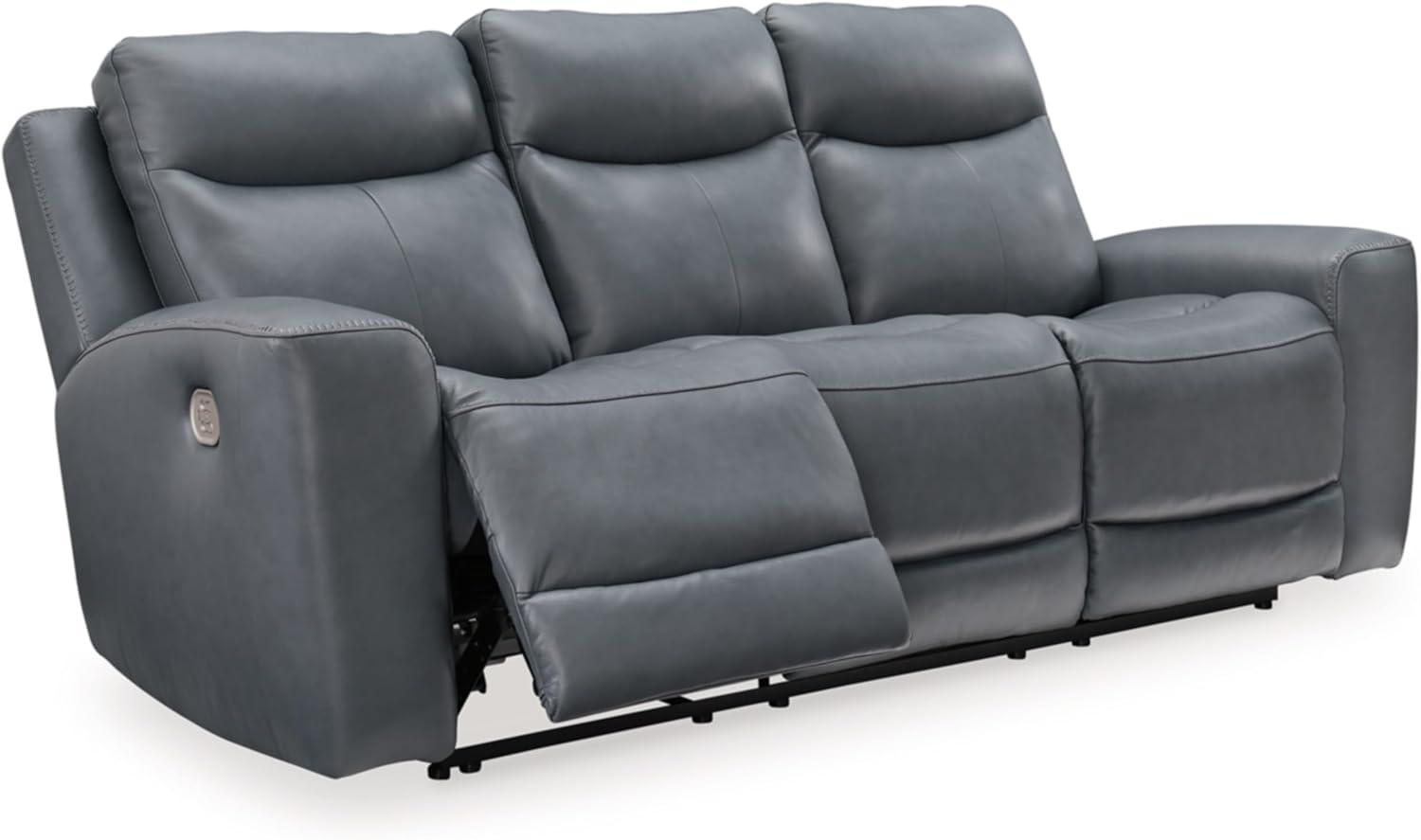 imageSignature Design by Ashley Mindanao Contemporary Leather Match Upholstered Power Reclining Sofa with Adjustable Headrest and USB Ports Gray