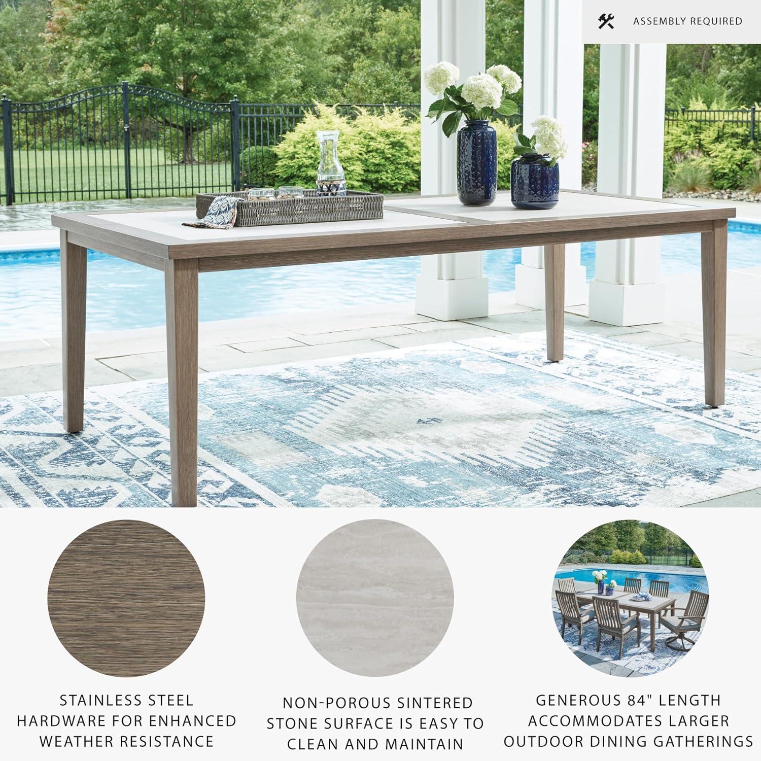 imageSignature Design by Ashley Rainier Ranch Contemporary Sintered Stone Tabletop Outdoor Dining Table with 4 Legs Light Brown ampamp Beige