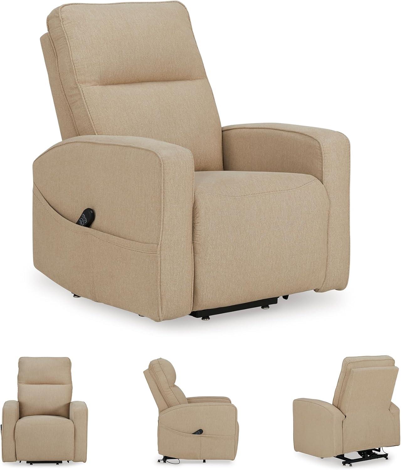 imageSignature Design by Ashley Starganza Modern Stain Resistant Power Lift Recliner with Heat Massage Function and Side Pocket Light GrayBeige