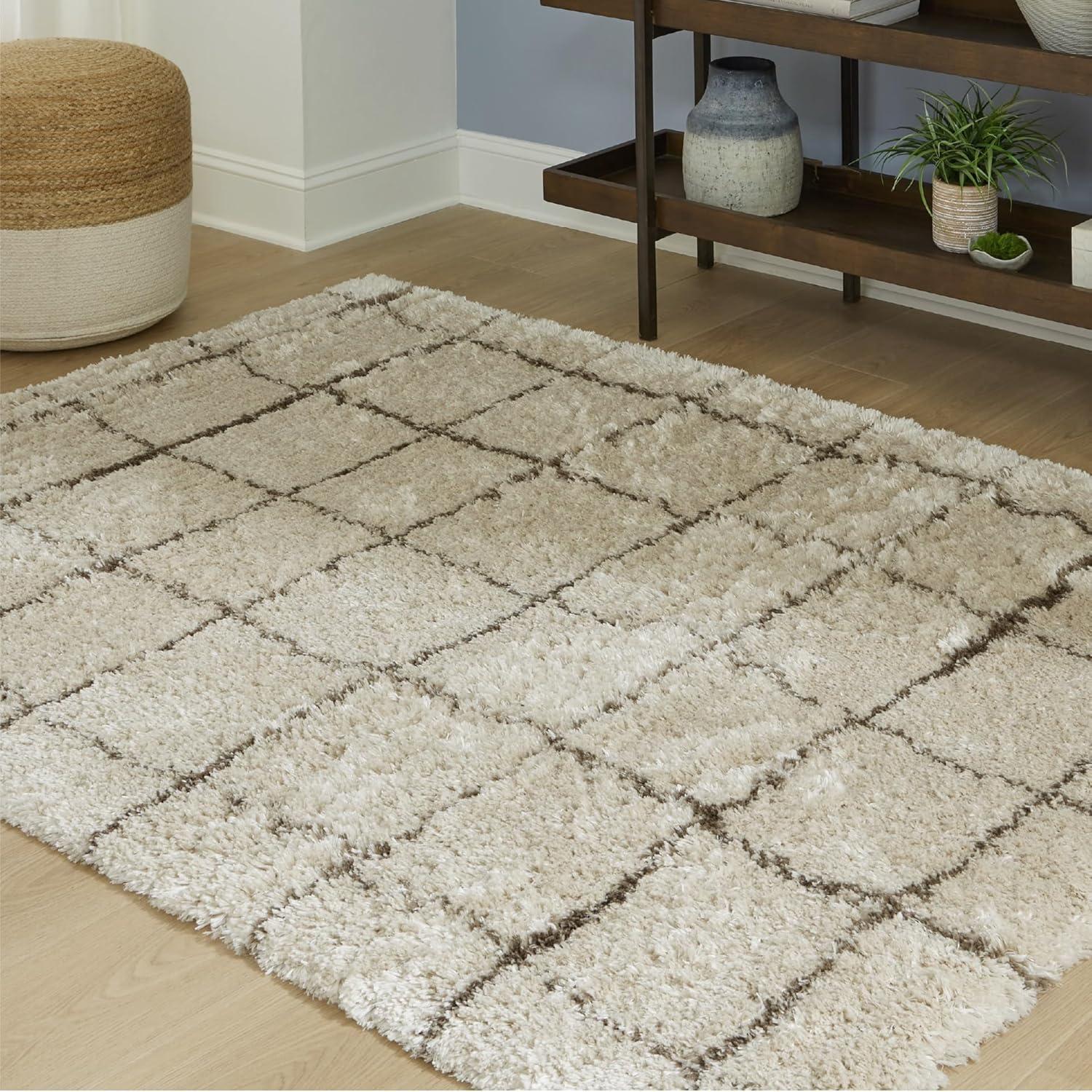 imageSignature Design by Ashley Wrenlow Casual Indoor Stain Resistant Geometric 5 x 7 Shag Rug Gray ampamp WhiteBeige  Brown