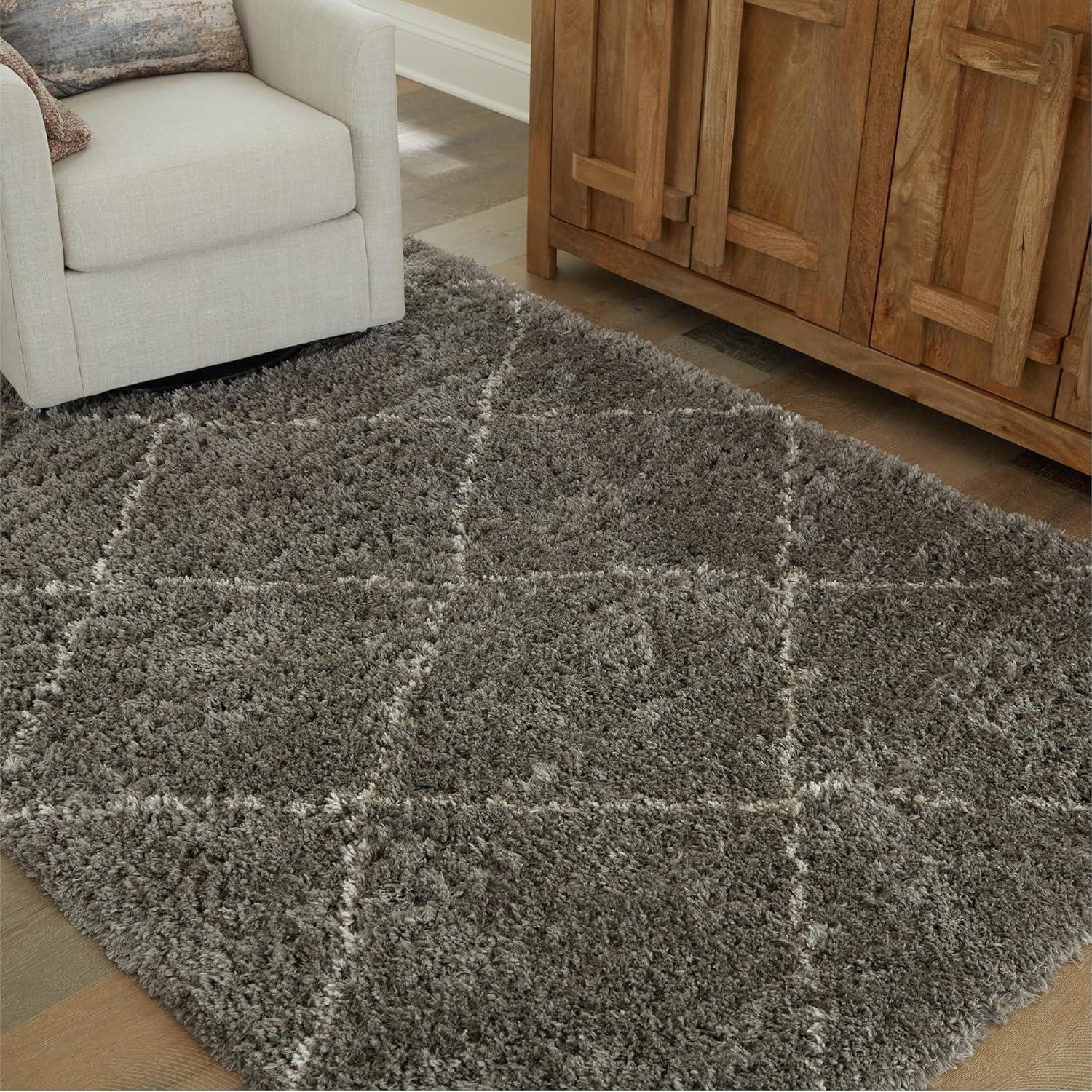 imageSignature Design by Ashley Wrenlow Casual Indoor Stain Resistant Geometric 5 x 7 Shag Rug Gray ampamp WhiteGray  White