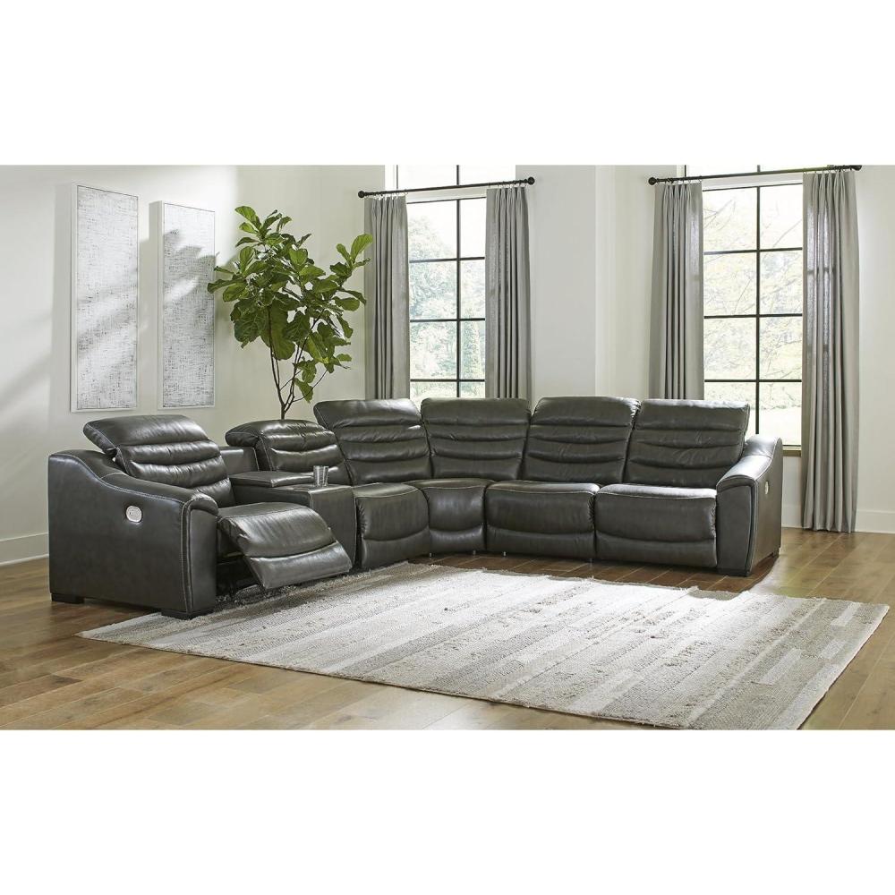 imageSignature Design by Ashley Center Line Casual Power Recliner with Adjustable Headrest Dark Gray6Piece Power Reclining Sectional