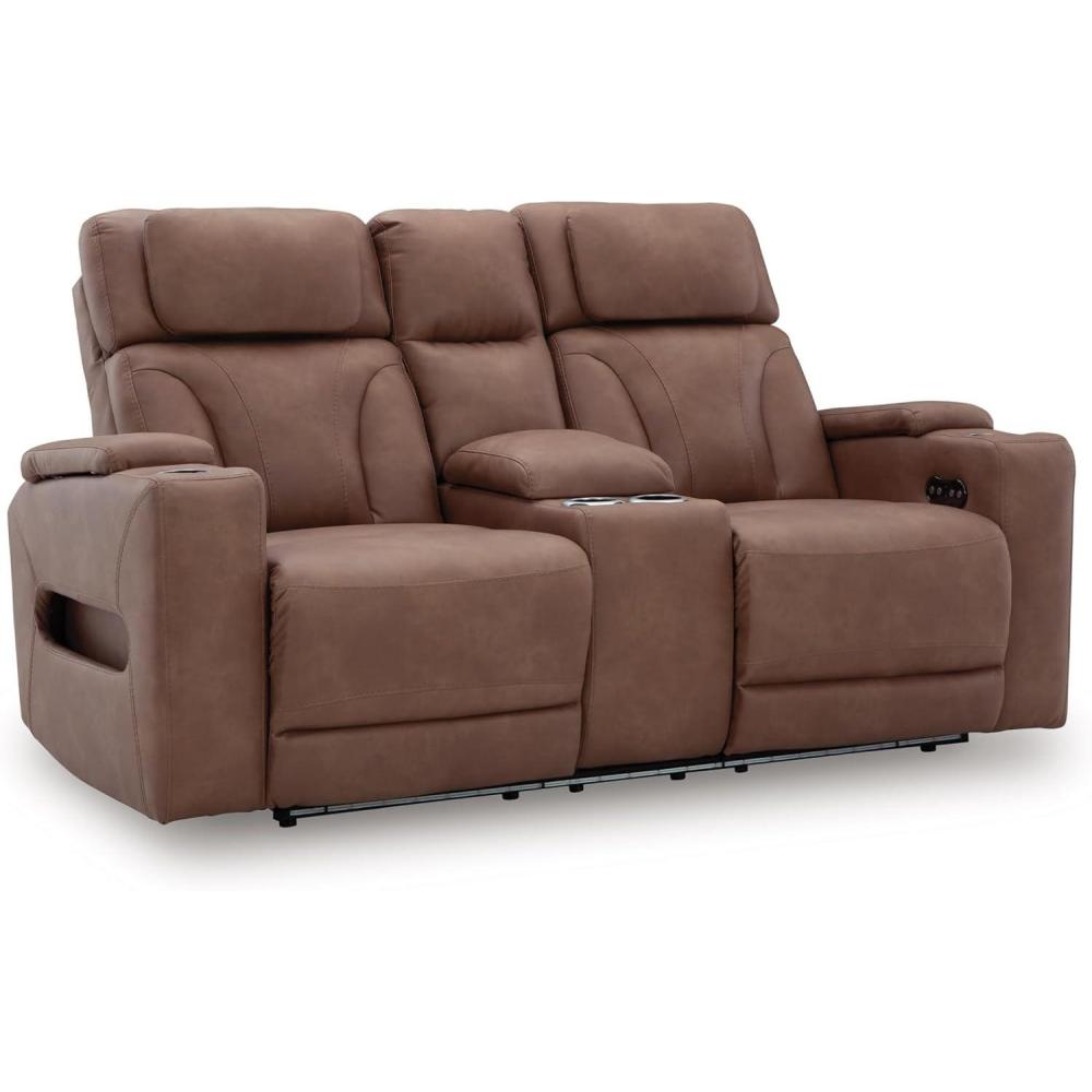imageSignature Design by Ashley Healy Pier Modern Power Reclining Sofa with Adjustable Headrest and Storage Dark BrownCaramel
