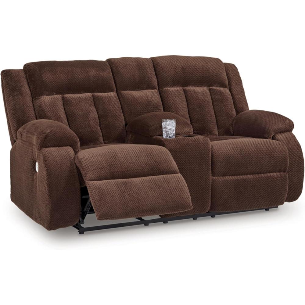 imageSignature Design by Ashley Healy Pier Modern Power Reclining Sofa with Adjustable Headrest and Storage Dark BrownDark Chocolate