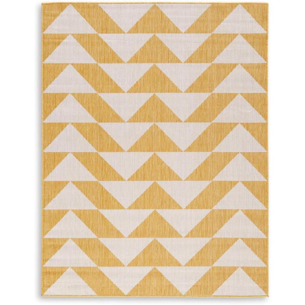 imageSignature Design by Ashley Thomley Casual IndoorOutdoor Geometric 5 x 7 Rug with Non Slip Backing Yellow ampamp White53 x 611 Rectangular