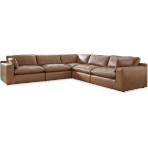 Signature Design by Ashley Emilia Modern Modular Leather Match 5-Piece Sectional with Loose Back Cushions and 2 Bolster Pillows, Light Brown(Caramel)