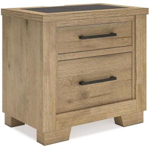 Signature Design by Ashley Galliden Rustic Felt-Lined 2 Drawer Nightstand with Cement Tile Inlay Tabletop, Power Supply and USB Ports, 26.75″ Tall, Light Brown