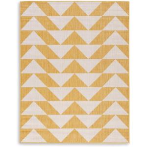 Signature Design by Ashley Thomley Casual Indoor/Outdoor Geometric 5 x 7 Rug with Non Slip Backing, Yellow & White(7’9″ x 9’11” (Rectangular))