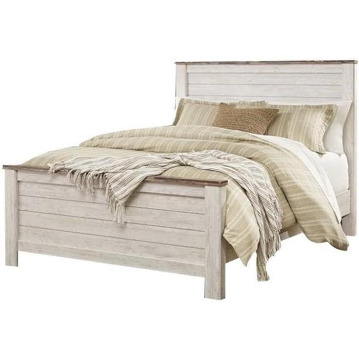imageAshley Furniture Willowton 65quot W x 87quot D Farmhouse Wood Queen Sized Panel Bed in Whitewash Finish