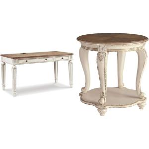 Ashley Realyn 60″ Home Office Desk with USB Charging & Round End Table, Chipped White(Standard)