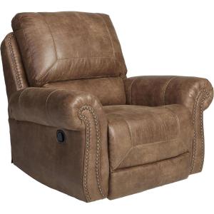 Signature Design by Ashley Larkinhurst Faux Leather Manual Rocker Recliner with Nailhead Trim, Brown(Brown)
