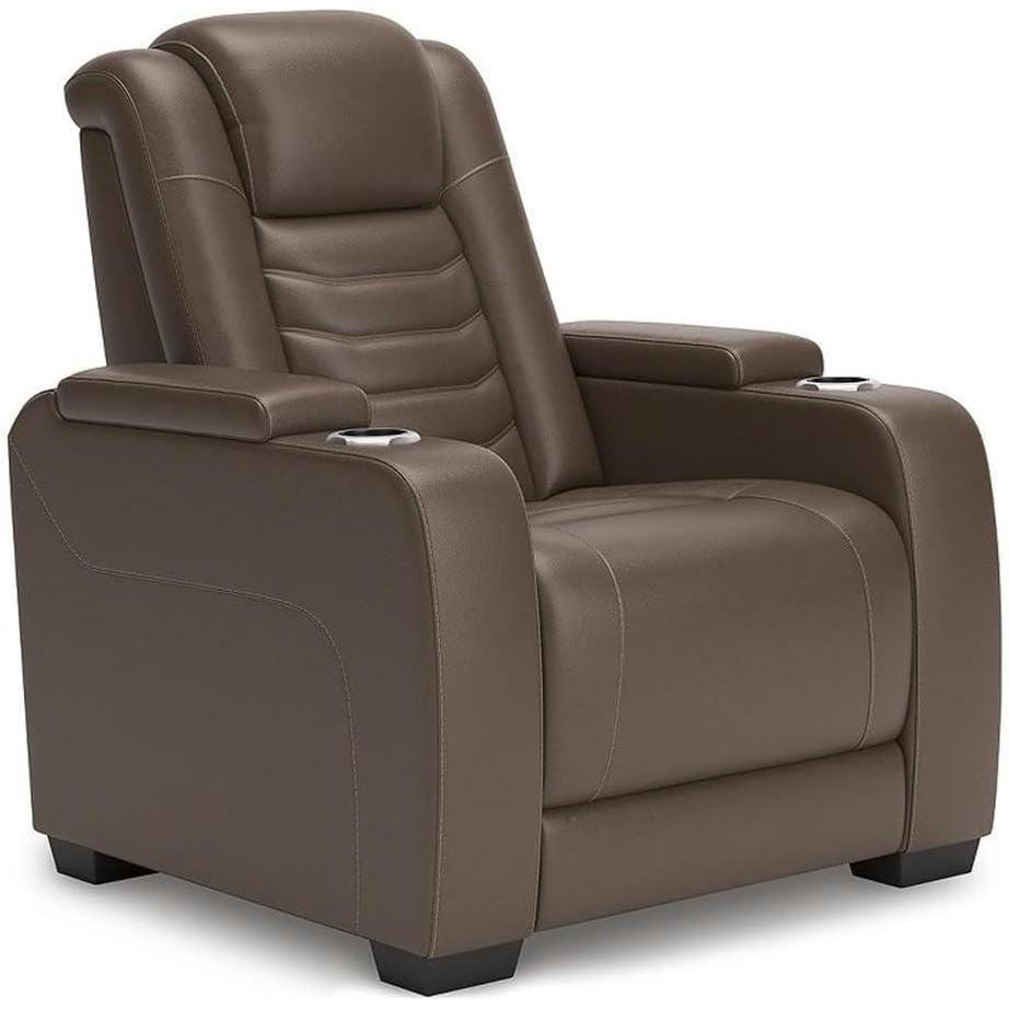 imageSignature Design by Ashley High Impact Contemporary Leather Match Power Recliner with Adjustable Headrest Cup Holders and USB Ports Dark BrownPower Recliner