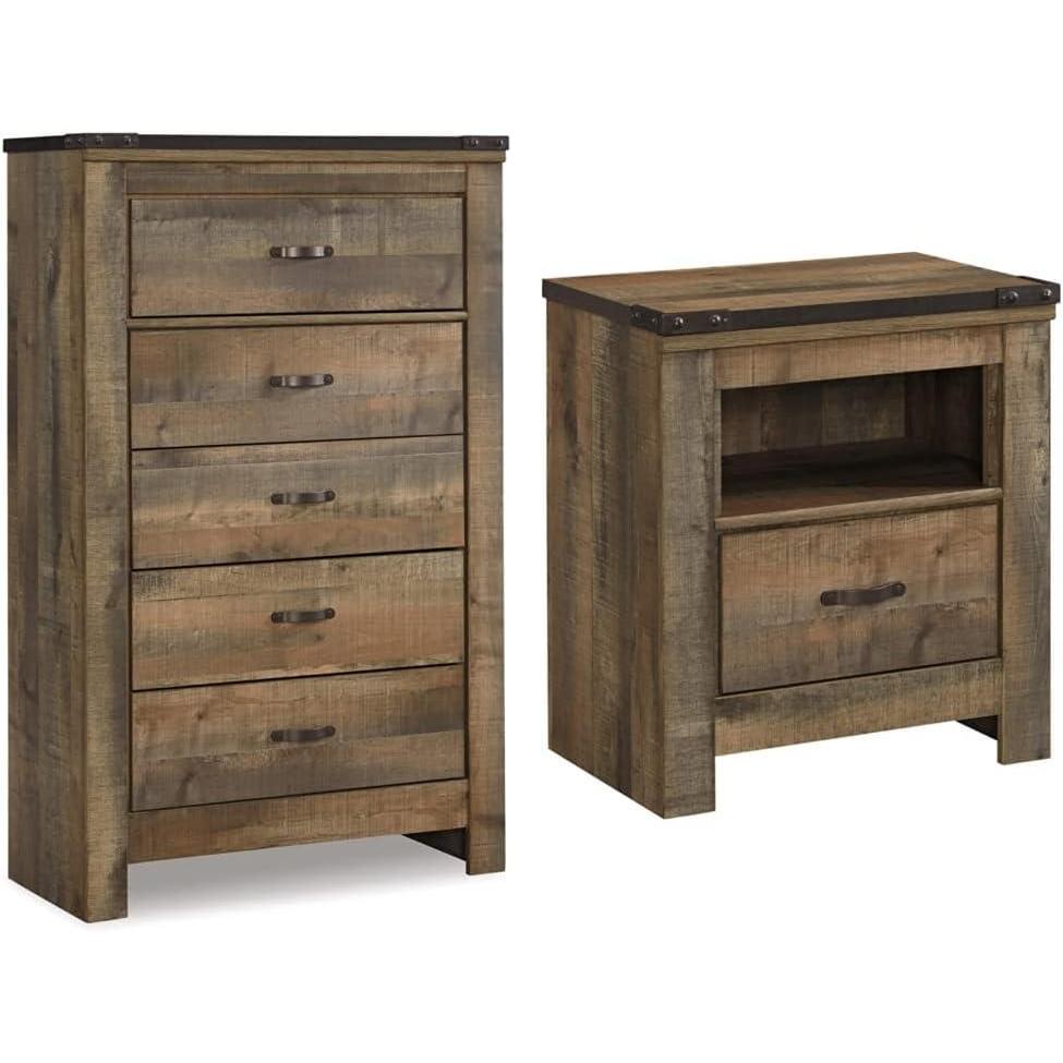 imageSignature Trinell Rustic 5Drawer Chest and 1Drawer Nightstand Bundle with USB Charging  Warm Brown