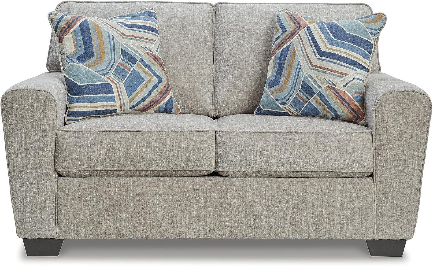 imageSignature Design by Ashley Cashton Contemporary Loveseat Exposed Feed With Faux Wood Finish Accent Pillows Fabric Upholstery 63quot W x 38quot D x 39quot H BlueLight Gray