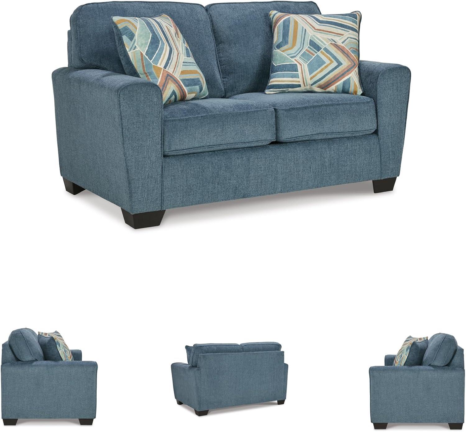 imageSignature Design by Ashley Cashton Contemporary Loveseat Exposed Feed With Faux Wood Finish Accent Pillows Fabric Upholstery 63quot W x 38quot D x 39quot H BlueBlue