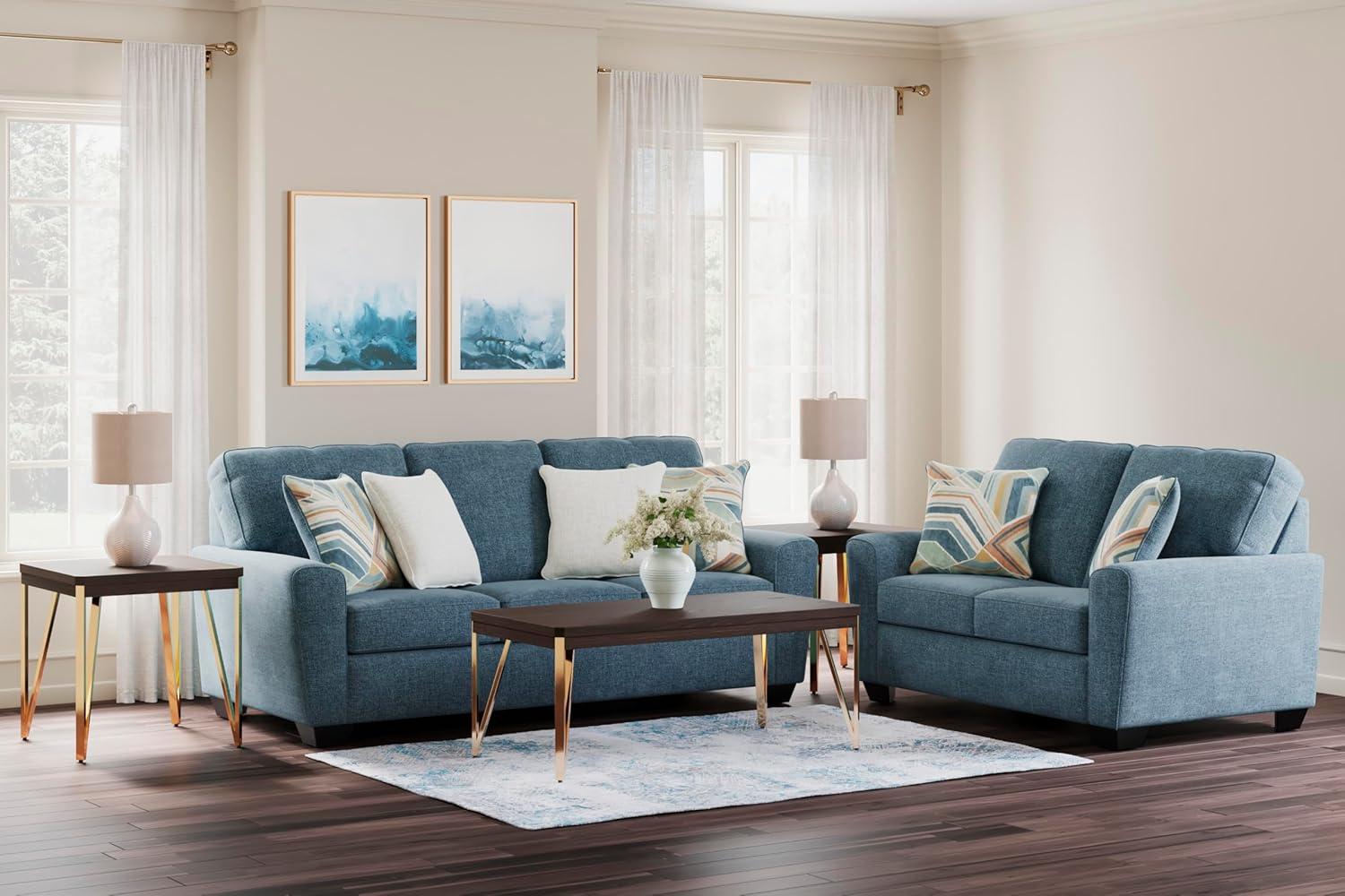 imageSignature Design by Ashley Cashton Contemporary Loveseat Exposed Feed With Faux Wood Finish Accent Pillows Fabric Upholstery 63quot W x 38quot D x 39quot H BlueBlue