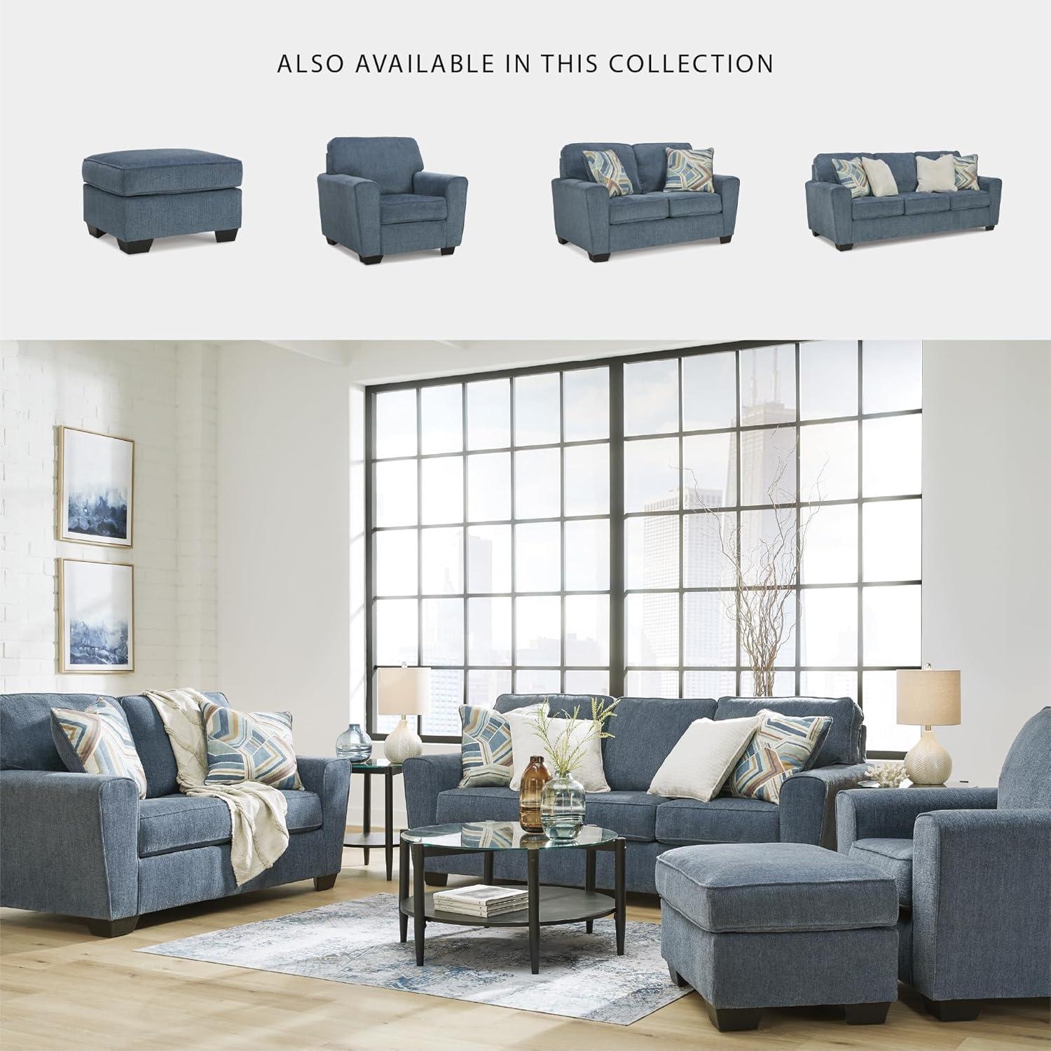 imageSignature Design by Ashley Cashton Contemporary Loveseat Exposed Feed With Faux Wood Finish Accent Pillows Fabric Upholstery 63quot W x 38quot D x 39quot H BlueBlue