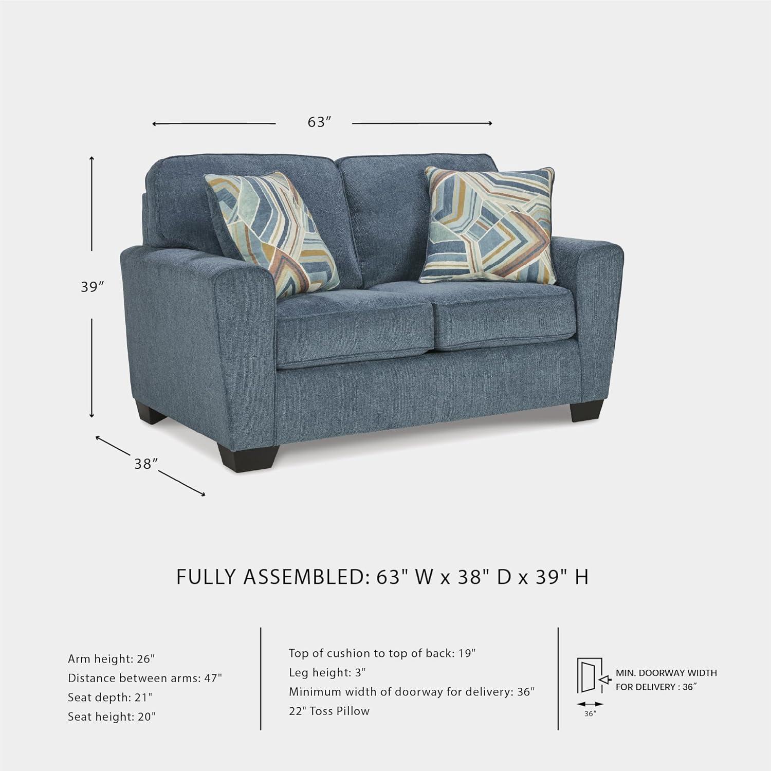 imageSignature Design by Ashley Cashton Contemporary Loveseat Exposed Feed With Faux Wood Finish Accent Pillows Fabric Upholstery 63quot W x 38quot D x 39quot H BlueBlue
