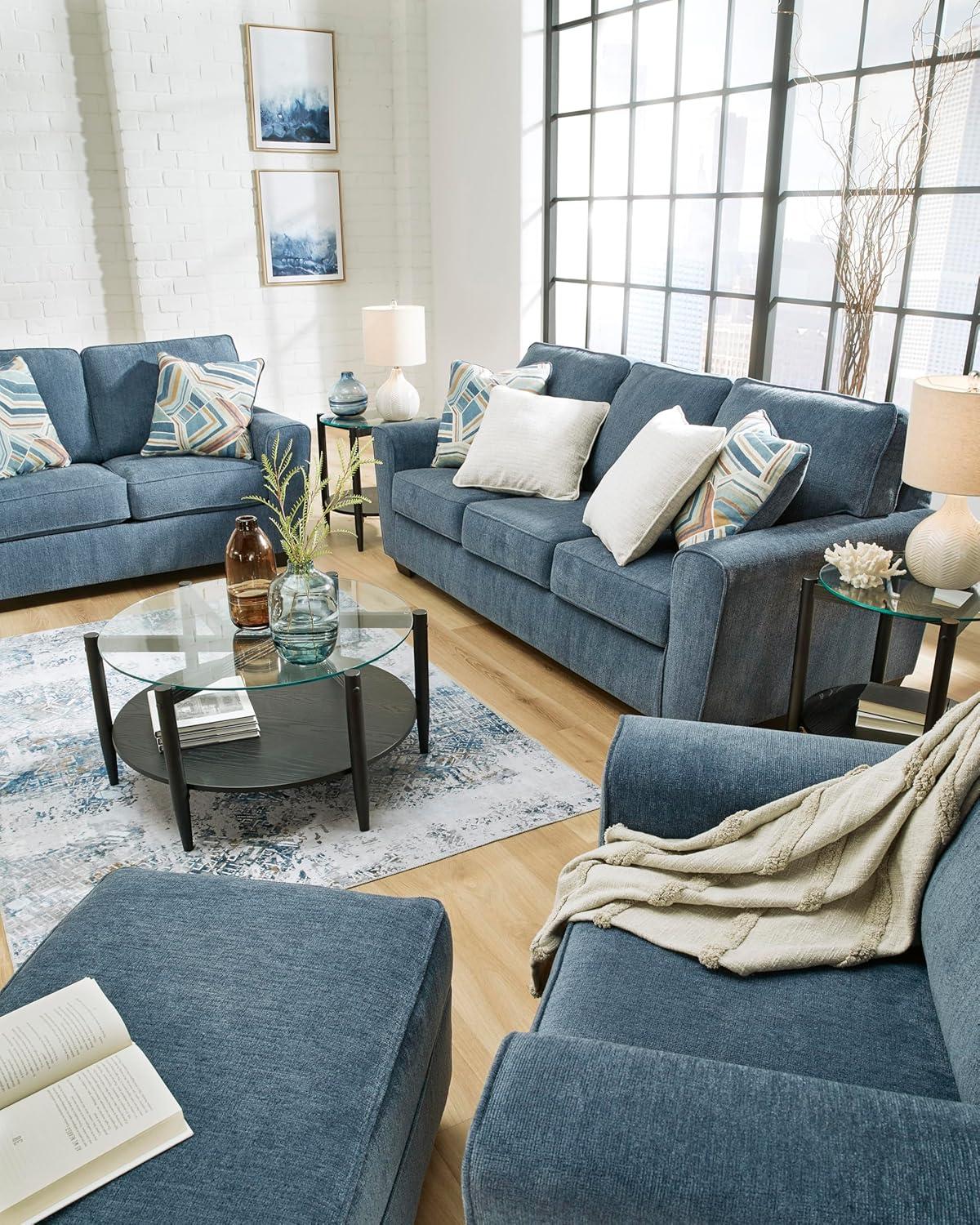 imageSignature Design by Ashley Cashton Contemporary Loveseat Exposed Feed With Faux Wood Finish Accent Pillows Fabric Upholstery 63quot W x 38quot D x 39quot H BlueBlue