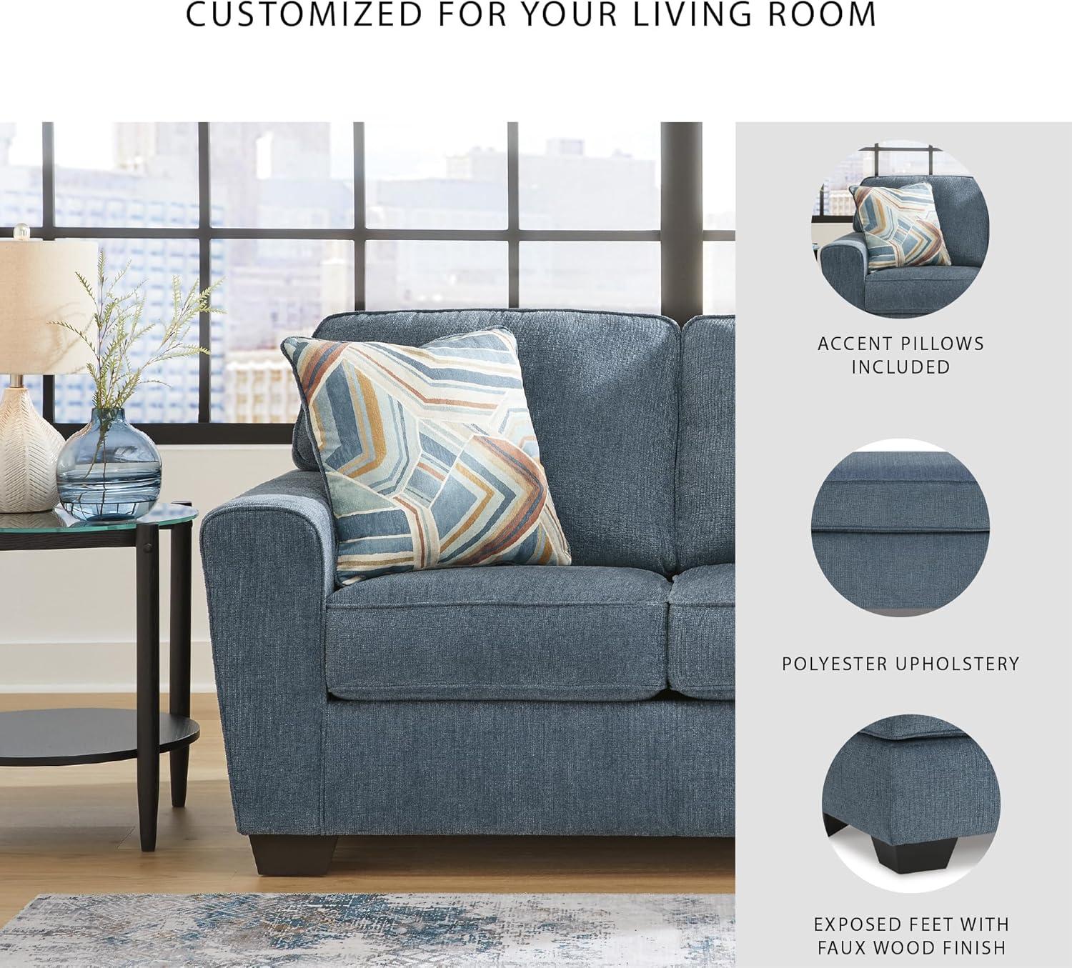 imageSignature Design by Ashley Cashton Contemporary Loveseat Exposed Feed With Faux Wood Finish Accent Pillows Fabric Upholstery 63quot W x 38quot D x 39quot H BlueBlue