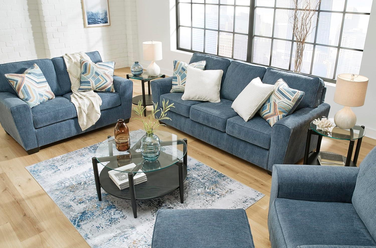 imageSignature Design by Ashley Cashton Contemporary Loveseat Exposed Feed With Faux Wood Finish Accent Pillows Fabric Upholstery 63quot W x 38quot D x 39quot H BlueBlue