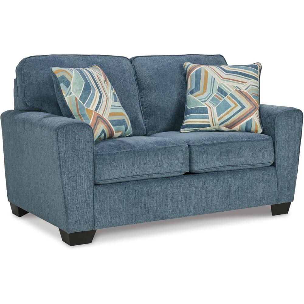 imageSignature Design by Ashley Cashton Contemporary Loveseat Exposed Feed With Faux Wood Finish Accent Pillows Fabric Upholstery 63quot W x 38quot D x 39quot H BlueBlue