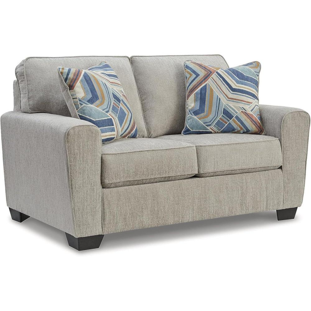 imageSignature Design by Ashley Cashton Contemporary Loveseat Exposed Feed With Faux Wood Finish Accent Pillows Fabric Upholstery 63quot W x 38quot D x 39quot H BlueLight Gray
