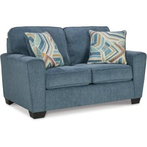 Signature Design by Ashley Cashton Contemporary Loveseat, Exposed Feed With Faux Wood Finish, Accent Pillows, Fabric Upholstery, 63″ W x 38″ D x 39″ H, Blue(Blue)