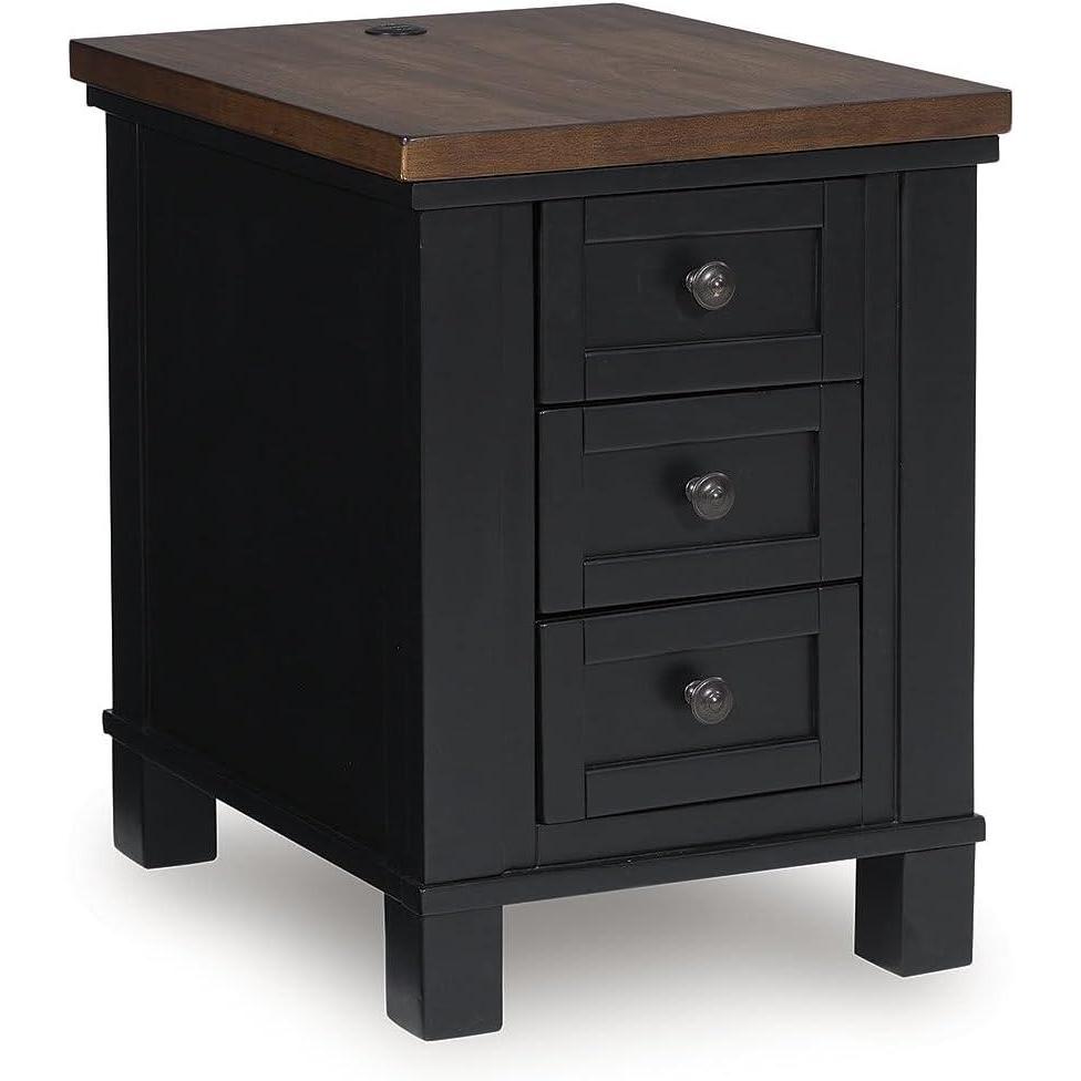 imageSignature Design by Ashley Wildenauer Farmhouse 3Drawer Chairside End Table with USB Ports Light Brown ampamp BlackBrownBlack