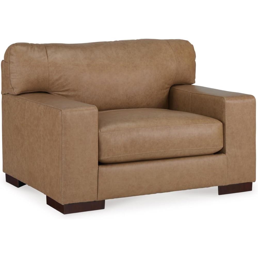 imageSignature Design by Ashley Lombardia Contemporary Oversized Accent Chair with Foam Cushions Exposed Feet with Faux Wood Finish Leather 20quot Seat Height BrownLight Brown