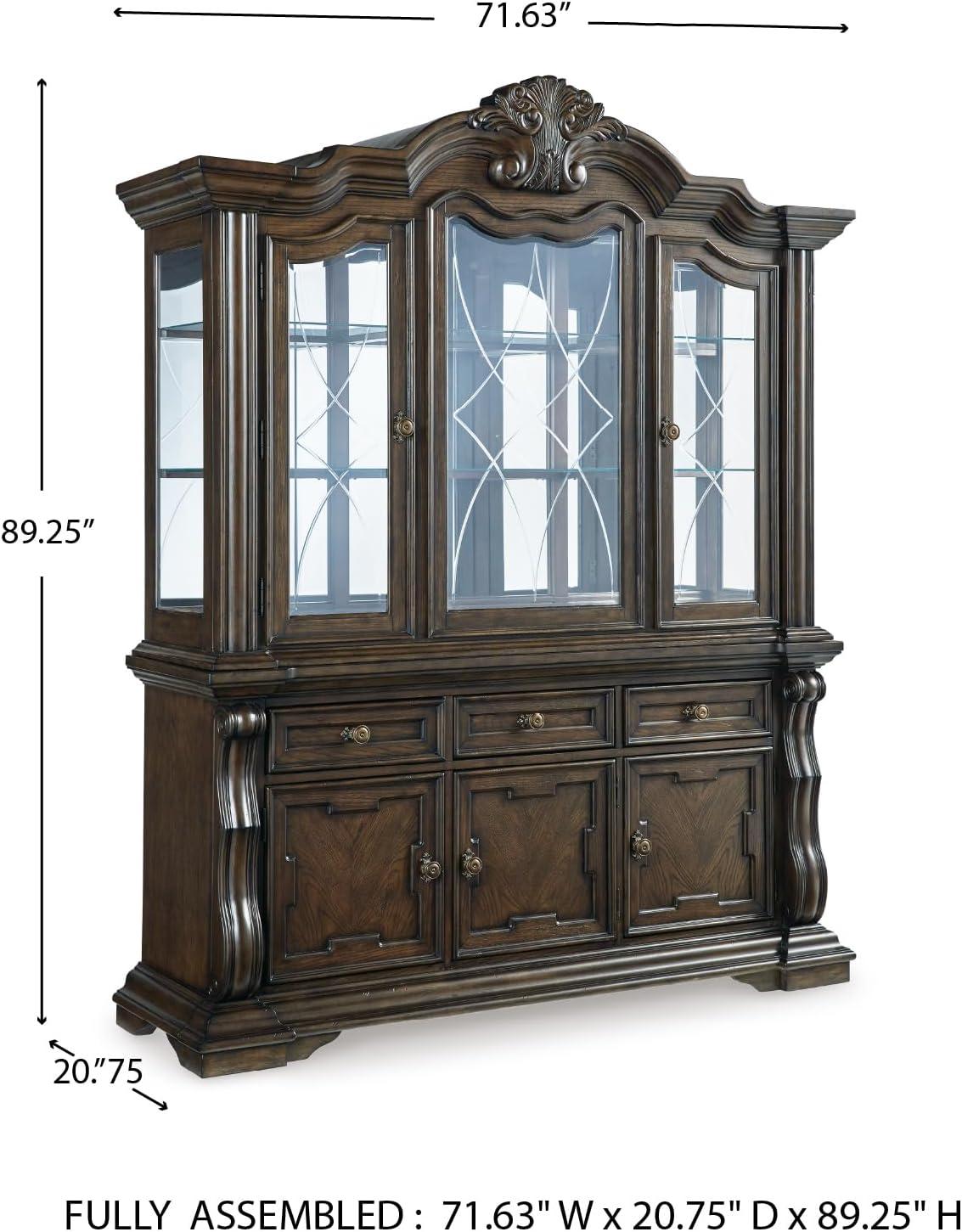 imageSignature Design by Ashley Maylee Traditional 3Drawer 5Shelf Dining Buffet and Hutch with Safety Stop FeltLined Top Drawer and LED Lights Dark Brown