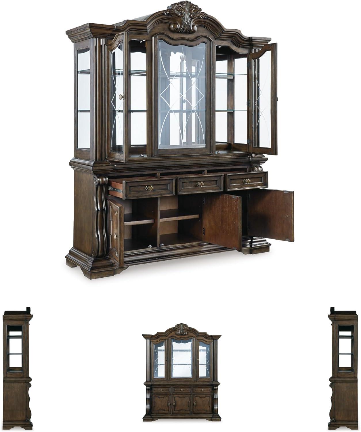 imageSignature Design by Ashley Maylee Traditional 3Drawer 5Shelf Dining Buffet and Hutch with Safety Stop FeltLined Top Drawer and LED Lights Dark Brown