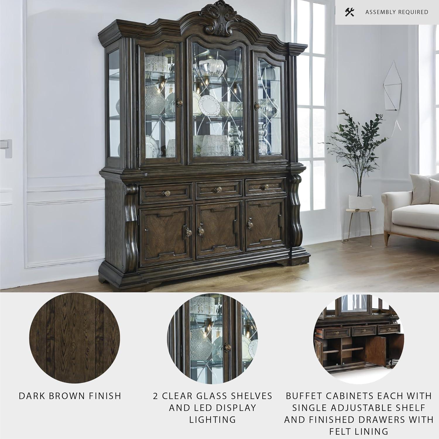 imageSignature Design by Ashley Maylee Traditional 3Drawer 5Shelf Dining Buffet and Hutch with Safety Stop FeltLined Top Drawer and LED Lights Dark Brown