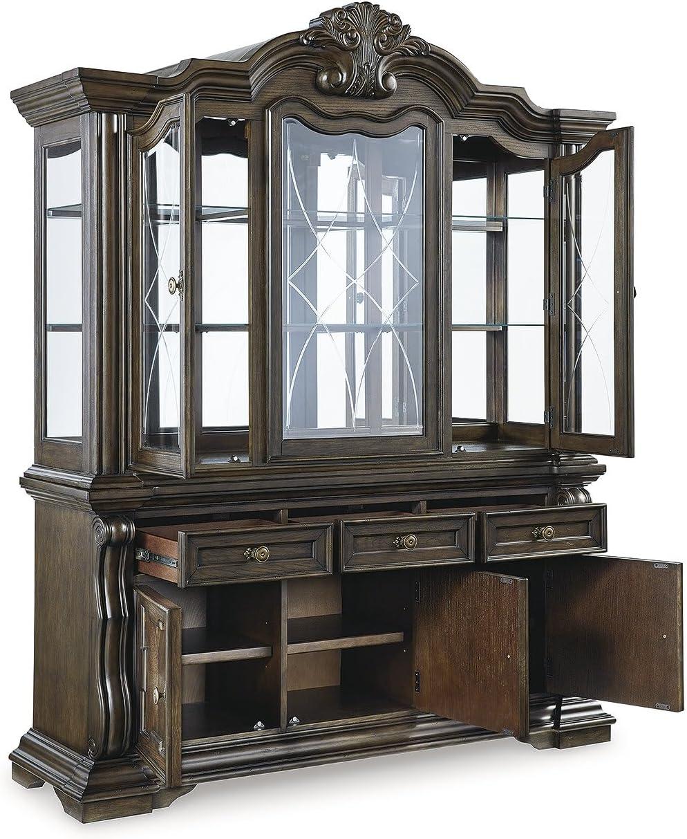 imageSignature Design by Ashley Maylee Traditional 3Drawer 5Shelf Dining Buffet and Hutch with Safety Stop FeltLined Top Drawer and LED Lights Dark Brown