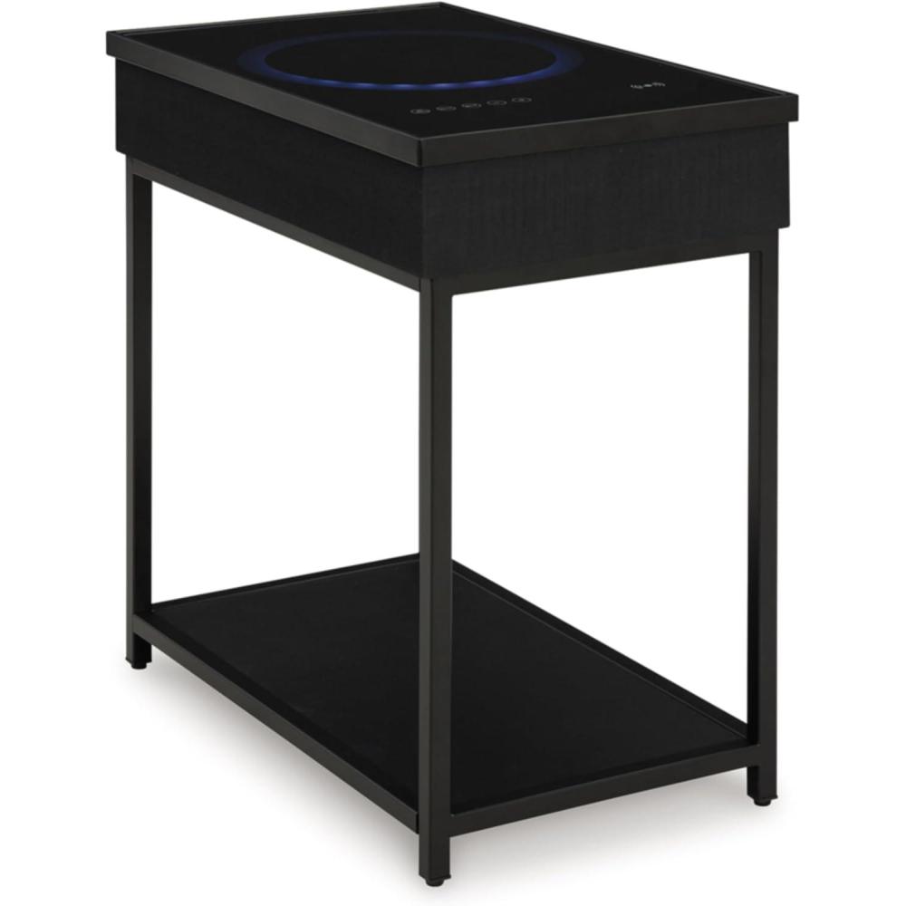 imageSignature Design by Ashley Gemmet Contemporary GlassTabletop Accent Table with Wireless Charging USB Ports MP3 Port LED Lights Tweeter Speakers and Subwoofer Black