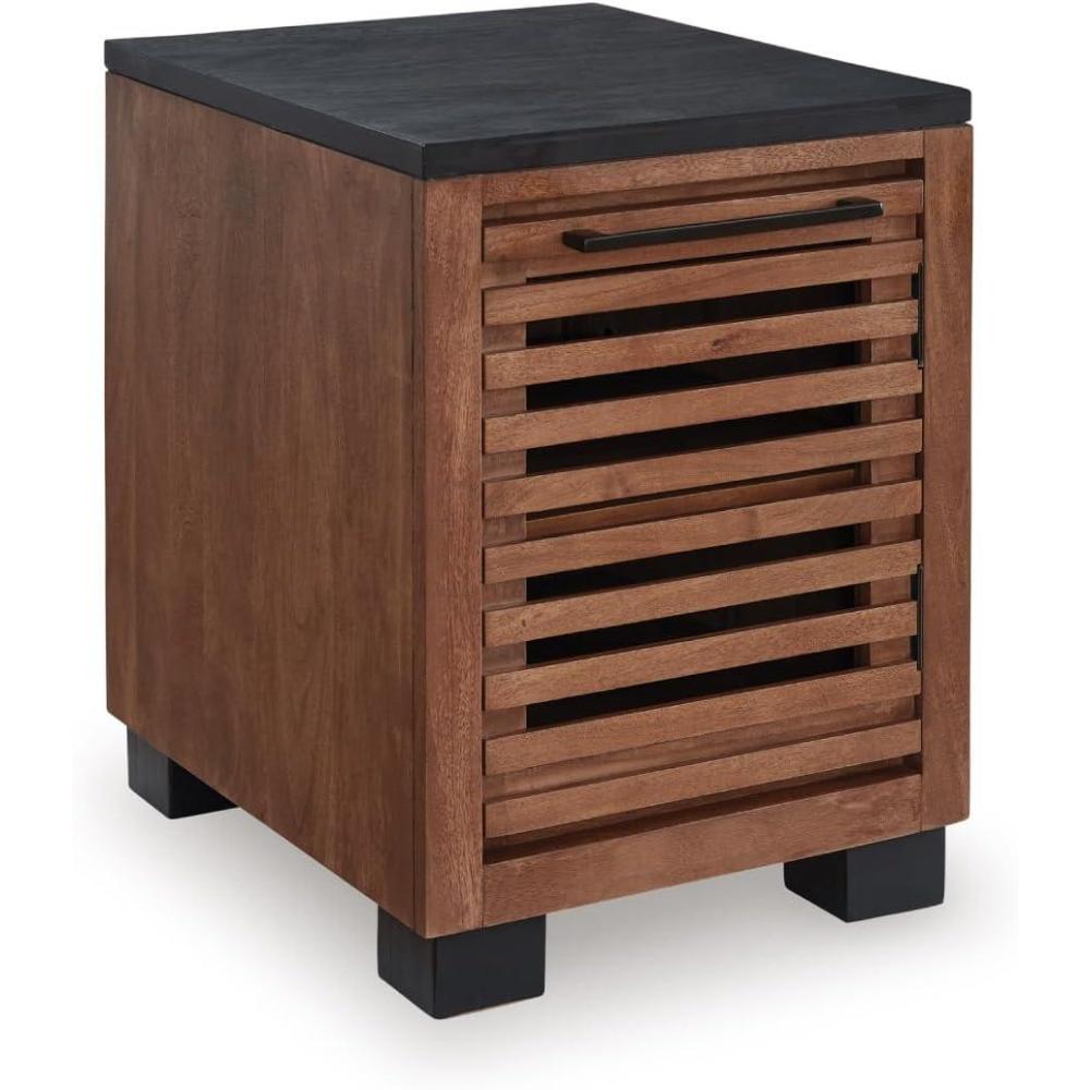 imageSignature Design by Ashley Kallari Industrial Chairside End Table with Cabinet and Shelf Dark Brown ampamp Black