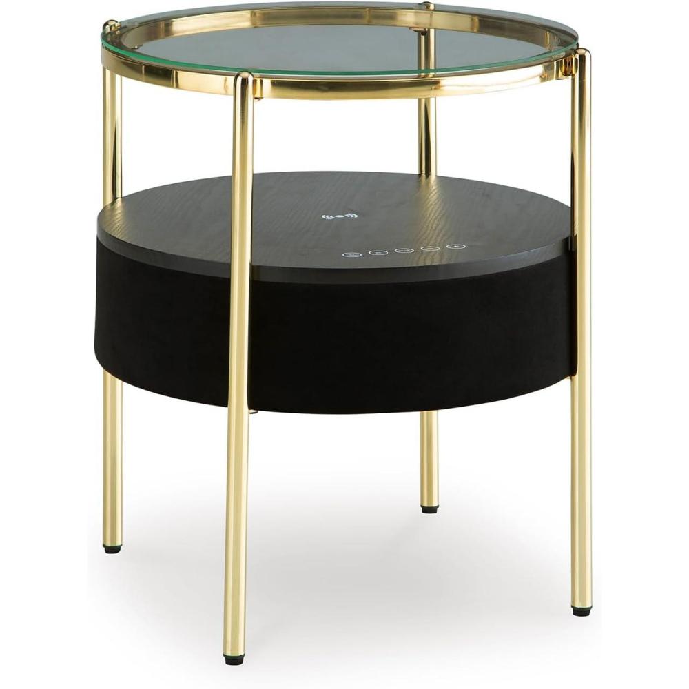 imageSignature Design by Ashley Nedman Modern Tempered Glass Tabletop Accent Table with Speaker Shelf USB and Qi Wireless Charging Options Black ampamp Metallic